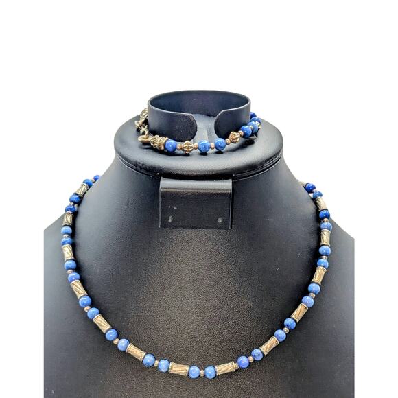 Blue Stone Silver Tone Beaded 18" Necklace and 7.5" Bracelet Set - Picture 1 of 6